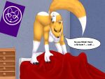  anthro bandai_namco bed bedroom canid canine digimon digimon_(species) duo facesitting female fox furniture hi_res male mammal mike_santos renamon speech_bubble 
