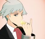  1boy bangs black_jacket blurry collared_shirt commentary_request grey_eyes grey_hair hand_up holding jacket jaho jewelry long_sleeves male_focus necktie pinky_out pokemon pokemon_(game) pokemon_oras red_necktie ring shirt short_hair solo steven_stone upper_body white_shirt 