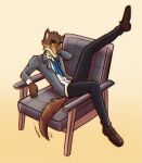  2021 anthro black_bottomwear black_clothing black_eyebrows black_nose black_pants blue_necktie bottomwear brown_body brown_clothing brown_footwear brown_fur brown_shoes canid canine canis chair clothed clothing digital_drawing_(artwork) digital_media_(artwork) dreamworks eyebrows footwear fully_clothed fur furniture gradient_background hi_res male mammal mr._wolf_(the_bad_guys) necktie pants raised_leg shoes simple_background smile solarjay solo tail_motion tailwag tan_body tan_fur the_bad_guys untied_necktie wolf yellow_eyes 