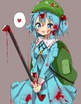 1girl antidote backpack bag blood blood_on_clothes blood_on_face blue_eyes blue_hair blue_shirt blue_skirt blush crowbar eyebrows_visible_through_hair flat_cap green_headwear grey_background hair_between_eyes hat heart holding holding_weapon kawashiro_nitori key long_sleeves open_mouth pocket shirt short_hair simple_background skirt solo spoken_heart touhou twintails weapon 