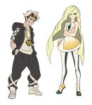  1boy 1girl baggy_pants black_hair black_jacket black_pants blonde_hair closed_mouth commentary_request crossed_arms diamond_(shape) dress emerald_(gemstone) eyewear_on_head full_body green_eyes guzma_(pokemon) hands_in_pockets highres hood hooded_jacket jacket korean_commentary leggings long_hair lusamine_(pokemon) multicolored_hair pants pokemon pokemon_(game) pokemon_sm redlhzz shirt shoes short_dress short_sleeves sleeveless sleeveless_dress smile split_mouth standing sunglasses team_skull two-tone_hair undercut very_long_hair white_dress white_footwear white_hair white_legwear white_shirt yellow-framed_eyewear 