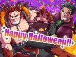  2boys ;d abs akashi_(live_a_hero) alternate_costume alternate_eye_color alternate_hair_color animal_collar animal_ears animal_hands bandaid bandaid_on_cheek bandaid_on_nose bara bare_arms bare_pectorals belt black_belt black_hair black_pants blush body_fur bulge claw_pose clenched_teeth coat collar collared_coat dark-skinned_male dark_skin embarrassed facial_hair frown fujishima_kazuya goatee gradient_hair green_hair halloween halloween_costume happy_halloween hood hood_down hooded_jacket jacket kemonomimi_mode kyoichi_(live_a_hero) live_a_hero long_sideburns male_focus multicolored_hair multiple_boys muscular muscular_male no_nipples one_eye_closed one_knee orange_eyes pants pectorals purple_coat scar scar_on_face scar_on_nose short_hair sideburns sleeveless sleeveless_jacket smile streaked_hair tail teeth thick_eyebrows thick_thighs thighs torn_clothes torn_pants vampire_costume wolf_boy wolf_ears wolf_tail 