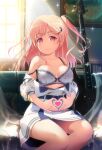  1girl akata_itsuki bang_dream! bangs bare_shoulders bass_guitar belt belt_buckle blue_belt blurry book bow bow_bra bra breasts buckle buttons closed_mouth clothes_pull collarbone commentary_request couch curtains day double-breasted dress dress_pull eyebrows_visible_through_hair feet_out_of_frame glint hair_ornament hairclip heart heart_hands highres hiromachi_nanami indoors instrument lens_flare long_hair looking_at_viewer medium_breasts on_couch panties pantyshot partially_unbuttoned picture_frame pink_eyes pink_hair puffy_short_sleeves puffy_sleeves school_uniform shelf short_sleeves sitting smile solo sparkle strap_slip sunlight tsukinomori_school_uniform two_side_up underwear white_bra white_dress white_panties window 