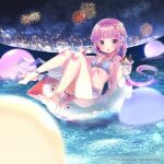  1girl ass bangs barefoot bikini blunt_bangs blush braid breasts bubble eating feet fireworks flower food fruit full_body hair_flower hair_intakes hair_ornament highres holding ice_cream innertube jewelry knees_up legs long_hair lying magia_record:_mahou_shoujo_madoka_magica_gaiden mahou_shoujo_madoka_magica necklace night night_sky on_back open_mouth outdoors partially_submerged pink_eyes pink_hair ponytail sky small_breasts soles solo spoon star_(sky) starry_sky sundae swimsuit tamaki_iroha thighs toes umiusea_works very_long_hair water white_bikini 
