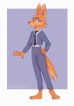  2021 anthro border canid canine clothing diane_foxington dreamworks eyewear female fox glasses hi_res looking_at_viewer mammal plantigrade purple_background simple_background smile solo suit the_bad_guys white_background white_border zowato 