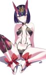  1girl bangs bare_shoulders blush bob_cut breasts collarbone eyeliner fate/grand_order fate_(series) headpiece highres horns kurosawa_rui_(hjkl42332) looking_at_viewer makeup navel oni oni_horns purple_eyes purple_hair short_hair shuten_douji_(fate) sitting skin-covered_horns small_breasts solo 