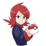  1boy black_eyes commentary_request cowlick flipped_hair holding holding_poke_ball jacket long_hair long_sleeves male_focus nanataro parted_lips poke_ball poke_ball_(basic) pokemon pokemon_(game) pokemon_hgss red_hair silver_(pokemon) simple_background smile solo upper_body white_background 