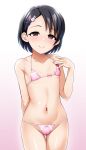  1girl bikini black_hair breasts brown_eyes highres idolmaster idolmaster_cinderella_girls lifted_by_self micro_bikini nipple_slip nipples pink_bikini revealing_clothes riking sasaki_chie small_breasts swimsuit 