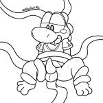  anthro balls black_and_white bodily_fluids clothing erection genitals hi_res male male/male male_penetrated mario_bros miloyoshi monochrome nintendo nude paws penetration penis simple_background solo sweat tentacle_penetration tentacle_sex tentacles video_games yoshi 