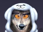  2021 black_eyebrows black_nose canid canine canis digital_media_(artwork) eyebrows fur grey_body grey_fur male mammal mr._wolf_(the_bad_guys) onesie orange_eyes pattern_background signature simple_background solo sunnyfolf the_bad_guys white_body white_fur white_onesie wolf 