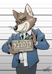  2021 anthro black_belt black_eyebrows black_nose blue_clothing blue_neckwear blue_topwear bottomwear canid canine canis chart cheek_tuft clothed clothing digital_drawing_(artwork) digital_media_(artwork) eyebrows facial_tuft fangs fully_clothed grey_bottomwear grey_clothing grey_pants grin half-closed_eyes head_tuft height_chart hi_res joskeban male mammal mr._wolf_(the_bad_guys) narrowed_eyes pants signature smile smug solo standing the_bad_guys topwear tuft white_dress_shirt wolf yellow_eyes 