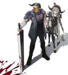  1boy 1girl animal_ears arknights arm_pouch armband armor arms_behind_back bandaged_arm bandages bangs belt black_footwear black_pants blood blood_on_weapon blood_splatter blue_shirt braid brown_hair coat cow_ears cow_horns cow_tail demon_horns eyebrows_visible_through_hair fingerless_gloves flower flower_on_head full_body gloves green_eyes grey_coat grey_hair highres holding holding_sword holding_weapon horns liang_chan_xing_make_tu looking_to_the_side mask multiple_belts muscular muscular_male open_mouth pallas_(arknights) pants pantyhose pauldrons peeking_out planted planted_sword pointy_ears pouch red_flower rose shadow shirt short_hair short_hair_with_long_locks short_sleeves shoulder_armor simple_background single_bare_shoulder single_glove single_pauldron skirt sleeveless_coat standing sword tail weapon white_background white_coat white_skirt 