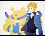  1boy black_shirt blonde_hair blue_eyes blue_jacket chromatic_aberration closed_mouth commentary_request electivire jacket jaho long_sleeves male_focus open_clothes open_jacket pants pokemon pokemon_(creature) pokemon_(game) pokemon_dppt shirt smile spiked_hair volkner_(pokemon) 