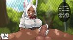  1girl animal_ears arm_support artist_name blurry blurry_background boku_no_hero_academia bow bowtie breasts dark-skinned_female dark_skin day derivative_work english_text female_pubic_hair fence futanari gloves highres large_breasts large_testicles long_hair looking_at_viewer metalling mirko open_mouth outdoors penis piercing pubic_hair rabbit_ears rabbit_girl red_eyes reward_available short_sleeves sitting skirt solo speech_bubble spread_legs sweat symbol-only_commentary teeth testicles tongue tongue_out tongue_piercing tree watermark white_hair 