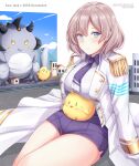  1girl artist_name azur_lane blue_eyes blue_skirt breast_rest breasts breasts_on_head coat copyright_name dated epaulettes eyebrows_visible_through_hair gridman_universe hair_between_eyes highres house kaijuu kiw_kiu large_breasts light_brown_hair looking_at_viewer manjuu_(azur_lane) medium_hair military_coat mujina necktie open_clothes open_coat props purple_necktie purple_shorts short_necktie shorts sitting skirt solo ssss.dynazenon white_coat 