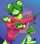  2girls artist_name bacun breasts cactus_girl cleavage closed_mouth colored_skin eyebrows_visible_through_hair green_hair green_skin guitar highres holding holding_instrument holding_microphone instrument large_breasts looking_at_viewer microphone multiple_girls original purple_eyes red_eyes short_hair 