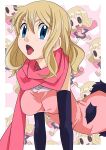  1girl all_fours blonde_hair blue_eyes blush breasts chibi cowboy_shot dress elbow_gloves flower fur_trim gloves hainchu hair_behind_ear highres looking_at_viewer medium_breasts open_mouth pink_background pink_dress pink_scarf purple_sleeves scarf tongue tongue_out yamagata_korisa 