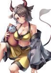  1girl absurdres animal_ears animal_print black_hair blush breasts cleavage collarbone cow_ears cow_horns cow_print cow_tail eyebrows_visible_through_hair grey_hair haori highres horns japanese_clothes koizumo large_breasts multicolored_hair navel open_mouth red_eyes red_horns short_hair shorts simple_background solo split-color_hair statue tail tank_top touhou two-tone_hair ushizaki_urumi white_background yellow_shorts yellow_tank_top 