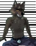  2021 absurd_res anthro bottomwear canid canine canis clothed clothing dreamworks feral fur hi_res humanoid male mammal mr._wolf_(the_bad_guys) muscular muscular_anthro muscular_male pants solo teeth the_bad_guys topless topless_anthro topless_male wolf zartty_art 