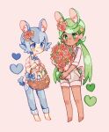  2girls :o :q alternate_costume bangs basket blue_eyes blue_hair blush_stickers bouquet bright_pupils buttons catsubun_(kkst0904) closed_mouth commentary dark-skinned_female dark_skin egg flower green_eyes green_hair grey_overalls heart holding lana_(pokemon) long_hair mallow_(pokemon) multiple_girls overall_shorts overalls pants pink_flower pokemon pokemon_(anime) pokemon_sm_(anime) shirt short_hair smile standing swept_bangs tongue tongue_out twintails white_pupils 