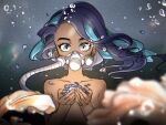  1girl air_bubble black_hair blue_eyes blue_hair blurry bubble collarbone commentary_request dark-skinned_female dark_skin diving_mask echizen_(n_fns17) eyelashes floating_hair goggles hands_up long_hair multicolored_hair nessa_(pokemon) petals pokemon pokemon_(game) pokemon_swsh solo topless two-tone_hair underwater 