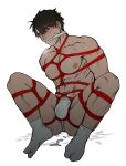  1boy abs bara bdsm between_pectorals blush bondage bound bulge cum cum_on_boy cum_on_clothes cum_on_stomach cum_pool full_body fundoshi gagged highres japanese_clothes knees_up large_pectorals male_focus male_underwear muscular muscular_male navel nipples original pectoral_squeeze pectorals red_rope restrained rope short_hair socks solo spread_legs stomach sweatdrop thick_thighs thighs topless_male underwear underwear_only wet wet_clothes wet_male_underwear yukibi_(ykb) 