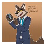  2021 anthro black_eyebrows black_nose blue_neckwear blue_suit brown_background brown_body brown_claws brown_fur cellphone cheek_tuft claws dialogue eyebrows facial_tuft fangs fur gradient_background head_tuft hi_res male mr._wolf_(the_bad_guys) narrowed_eyes phone signature simple_background solo standing tan_body tan_fur the_bad_guys tuft untied_neckwear yellow_eyes 