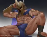  1boy abs absurdres bara bare_pectorals biceps blue_cape bulge cape chest_hair chest_harness erection erection_under_clothes harness helmet highres league_of_legends male_focus mature_male muscular muscular_male navel navel_hair nipples pantheon_(league_of_legends) pectorals pelvic_curtain reward_available saury_dog solo spread_legs stomach thighs 
