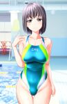  1girl absurdres aqua_swimsuit blurry blurry_background clothes_writing collarbone commentary_request competition_swimsuit green_eyes grey_hair highres indoors looking_at_viewer medium_hair multicolored_clothes multicolored_swimsuit one-piece_swimsuit original pool poolside short_hair smile solo swimsuit takafumi thigh_gap 