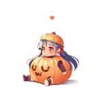  1girl :o absurdres artist_name blue_hair brown_footwear commentary earrings full_body hair_between_eyes hair_ribbon halloween_costume heart highres jewelry long_hair long_sleeves looking_afar open_mouth original pumpkin pumpkin_hat red_eyes ribbon shadow simple_background sitting solo syertse uwu white_background 