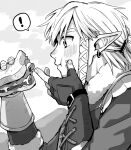  ! 1boy :t bangs blush cloud commentary_request ear_blush earrings eating fingerless_gloves food food_bite food_on_face from_side fur_collar gloves greyscale hair_ribbon hair_tie hands_up holding holding_food jewelry link long_sleeves male_focus monochrome mountain nose_blush outdoors pointy_ears ponytail profile ribbon sandwich shijima_(4jima) short_hair sidelocks sketch snowquill_set_(zelda) solo speech_bubble spoken_exclamation_mark the_legend_of_zelda the_legend_of_zelda:_breath_of_the_wild tied_hair upper_body 