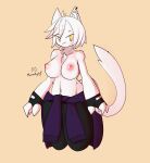  absurd_res anthro breasts clothing domestic_cat ear_piercing felid feline felis female fingerless_gloves fur gloves hair handwear hi_res hoodie hoodie_around_waist mammal nipples piercing simple_background solo sweatpants tfwnocatgirlgf topwear watermark white_body white_fur white_hair yellow_eyes 