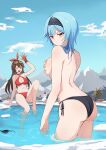  2girls amber_(genshin_impact) ass back baige0 bare_back bare_shoulders bath bikini bikini_top_removed black_bikini blue_hair blue_sky breasts brown_hair cleavage covering covering_breasts day eula_(genshin_impact) feet genshin_impact glaring gloves goggles goggles_on_head hairband half-closed_eyes hand_up highres looking_at_viewer looking_back medium_breasts mountain multiple_girls outdoors partially_submerged red_bikini sky snow snowman swimsuit topless water 