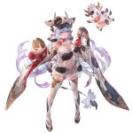  1girl animal_costume animal_ears animal_print blue_hair bow catura_(granblue_fantasy) cow cow_costume cow_ears cow_girl cow_hat cow_hood cow_horns cow_print cow_tail draph ear_piercing full_body gradient_hair granblue_fantasy horns micro_shorts minaba_hideo multicolored_hair official_art piercing purple_eyes purple_hair sheer_clothes shorts simple_background tail thighhighs transparent_background white_shorts 