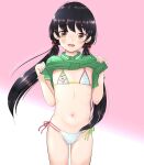  1girl :d bangs bikini black_hair brown_eyes clothes_lift collared_shirt commentary_request eyebrows_visible_through_hair flat_chest gradient gradient_background green_shirt groin hands_up highres lifted_by_self long_hair looking_at_viewer low_twintails mayafufu navel no_pants original pink_background shirt shirt_lift short_sleeves side-tie_bikini smile solo striped striped_bikini swimsuit teeth twintails upper_teeth very_long_hair white_background 