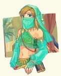  1boy aqua_headwear aqua_sleeves bangs bare_shoulders blonde_hair blue_eyes blush circlet collarbone commentary_request covered_mouth crossdressing curtains day detached_sleeves frilled_bandeau frills green_bandeau light_blush link looking_at_viewer male_focus midriff mouth_veil navel outdoors sheikah_slate shijima_(4jima) short_hair sidelocks solo standing stomach the_legend_of_zelda the_legend_of_zelda:_breath_of_the_wild tree upper_body veil 