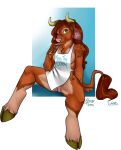  &copy; 2015 5_fingers anthro apron apron_only biped bovid bovine breasts cattle character_name chest_tuft clothing eleanor_(ionmo) english_text female finger_on_tongue fingers genitals hair hi_res hooves horn looking_at_viewer mammal medium_breasts mostly_nude oli_snowpaw one_eye_closed pussy red_hair signature sitting solo symbol tail_tuft text text_on_apron text_on_clothing tongue tongue_out tuft white_apron wink winking_at_viewer year yellow_eyes 