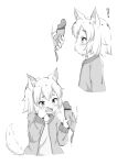  1girl ? animal_ears flat_chest highres jacket kaze_(1028594962) long_sleeves monochrome open_clothes open_jacket open_mouth original penis penis_grab shirt short_hair tail wolf_ears wolf_girl wolf_tail 