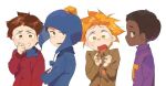  4boys be_(ronironibebe) black_hair blonde_hair blue_jacket brown_eyes brown_hair chullo clyde_donovan craig_tucker crossed_arms dark-skinned_male dark_skin green_eyes green_shirt hat jacket messy_hair multiple_boys purple_sweater red_jacket shirt short_hair smile smirk south_park sweater token_black tweek_tweak 