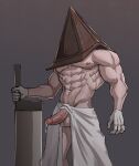  1boy abs absurdres bara dead_by_daylight erection feet_out_of_frame helmet highres large_pectorals loincloth male_focus muscular muscular_male naked_towel navel navel_hair nipples pectorals planted precum precum_drip pyramid_head sedo_(usingincognito) silent_hill_2 solo stomach topless_male towel uncensored weapon 