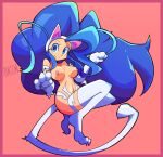  1girl absurdres animal_ears animal_hands artist_name bacun bare_shoulders big_hair blue_eyes blue_hair body_fur border breasts cat_ears cat_girl cat_paws cat_tail claws closed_mouth fang fang_out felicia_(vampire) full_body hands_up highres long_hair looking_at_viewer nipples panties pink_background pink_border simple_background smile solo tail underwear vampire_(game) white_fur white_panties 