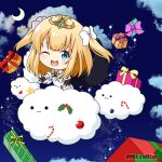  1girl ;d bangs black_gloves black_wings blonde_hair blue_eyes bow box candy candy_cane capelet christmas christmas_ornaments cloud commentary_request crescent_moon dress eyebrows_visible_through_hair food fur-trimmed_capelet fur-trimmed_sleeves fur_trim gift gift_box gloves hair_bow heart long_sleeves looking_at_viewer maaru_(shironeko_project) mismatched_wings mitya moon night night_sky one_eye_closed shironeko_project sky smile solid_circle_eyes solo star_(sky) star_(symbol) starry_sky tiara twitter_username two_side_up white_bow white_capelet white_dress white_wings wings 