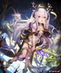  1girl animal antlers bangs bare_shoulders barefoot breasts character_request commentary_request dress eyebrows_behind_hair glowing goat green_eyes hair_between_eyes halo holding holding_staff horizontal_pupils liiko long_hair looking_at_viewer official_art open_mouth pelvic_curtain red_eyes shadowverse short_eyebrows silver_hair small_breasts snake solo staff standing standing_on_one_leg thick_eyebrows tree twintails very_long_hair watermark white_dress 