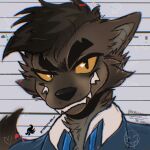  2021 anthro black_hair blue_clothing blue_topwear brown_body brown_fur bust_portrait canid canine canis chart cheek_tuft clothing digital_drawing_(artwork) digital_media_(artwork) dreamworks facial_tuft fangs forward fur grin hair height_chart hi_res kaijukoda male mammal mr._wolf_(the_bad_guys) portrait signature smile solo the_bad_guys topwear tuft untied_necktie wolf yellow_eyes 