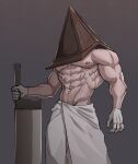  1boy abs absurdres bara dead_by_daylight feet_out_of_frame helmet highres large_pectorals loincloth male_focus muscular muscular_male naked_towel navel navel_hair nipples pectorals planted pyramid_head sedo_(usingincognito) silent_hill_2 solo stomach topless_male towel underpec weapon 