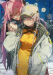  2girls absurdres animal_ears baseball_cap braid coat crumbs eating fake_animal_ears food food_on_face fox_ears glasses grey_eyes grey_hair hand_in_pocket hat highres holding holding_food kaminari_denco_(soono_(rlagpfl)) long_hair long_sleeves multiple_girls one_eye_closed open_mouth original outdoors pink_hair puffy_long_sleeves puffy_sleeves round_eyewear sign smoke_youkai_(soono_(rlagpfl)) soono_(rlagpfl) steam sweater twin_braids winter_clothes winter_coat yellow_eyes yellow_sweater 