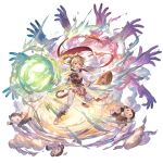  &gt;_&lt; 1girl afterimage andira_(granblue_fantasy) barefoot blonde_hair blush_stickers cleavage_cutout clothing_cutout cloud energy_ball erune flower flying_nimbus granblue_fantasy hair_ornament headband minaba_hideo monkey monkey_tail multiple_hands official_art open_mouth red_eyes short_hair tail transparent_background 