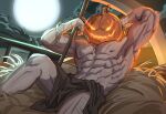  1boy abs armpits bara feet_out_of_frame flaming_eyes full_moon hay highres jack-o&#039;-lantern large_pectorals loincloth looking_at_viewer male_focus moon muscular muscular_male navel nipples original pectorals pumpkin_hat scar scar_on_chest scythe sedo_(usingincognito) solo spread_legs stomach thighs topless_male 