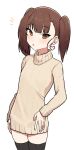  1girl bangs beige_sweater black_legwear blush brown_eyes brown_hair cowboy_shot earrings eyebrows_visible_through_hair flat_chest heart heart_earrings highres jewelry long_sleeves looking_at_viewer notice_lines open_mouth original simple_background solo suisogenshi thighhighs twintails white_background 