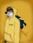  2021 absurd_res anthro artist_name billie_eilish black_eyebrows black_nose brown_body brown_fur canid canine canis clothing digital_drawing_(artwork) digital_media_(artwork) dreamworks eyebrows fur grin half-closed_eyes head_tuft hi_res hoodie magichooves male mammal mr._wolf_(the_bad_guys) narrowed_eyes signature simple_background smile solo tan_body tan_fur the_bad_guys topwear tuft wolf yellow_background yellow_eyes yellow_hoodie 